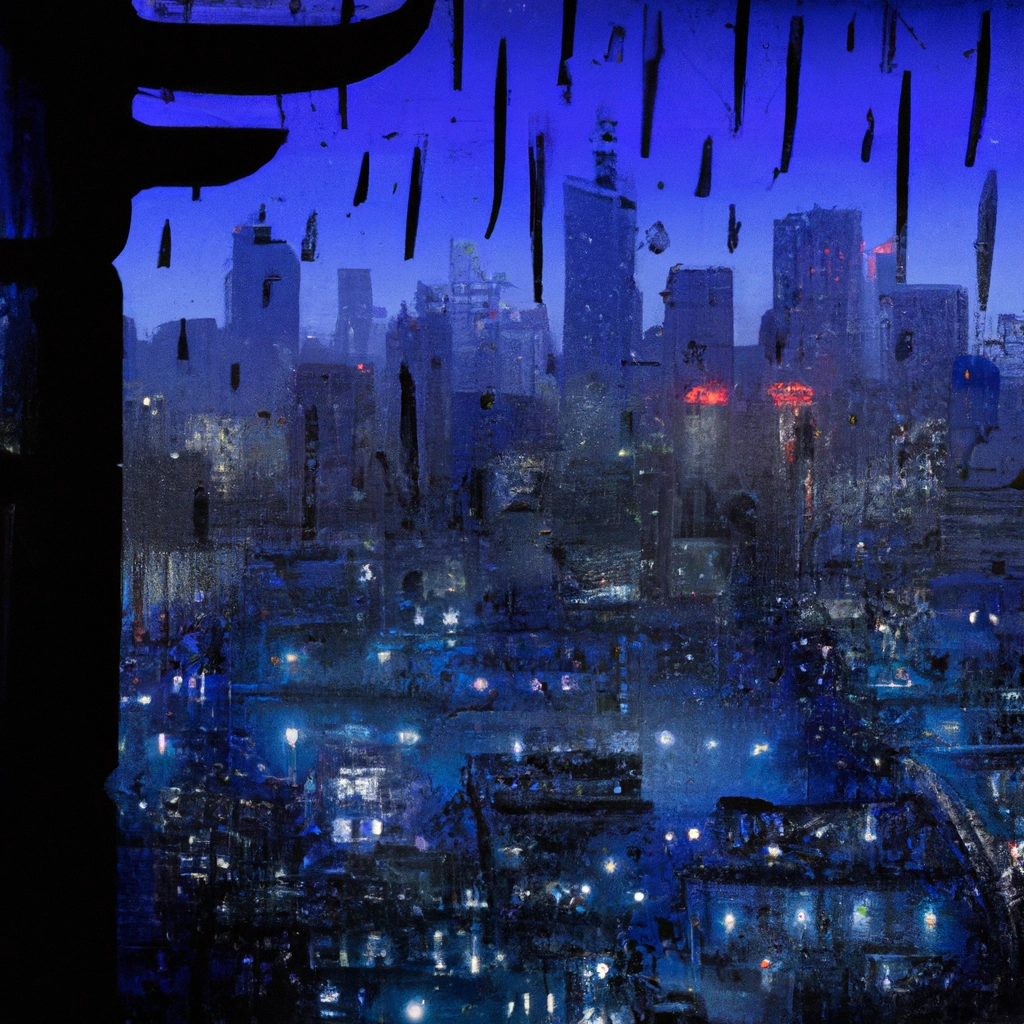 Prompt: I am in a house with an overlook of an unfamiliar city, looking out at the neon light skyline with a hard rainfall, in an asian art style